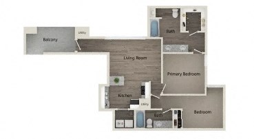 Floor plan for 2 beds, 2 baths, 945 sqft